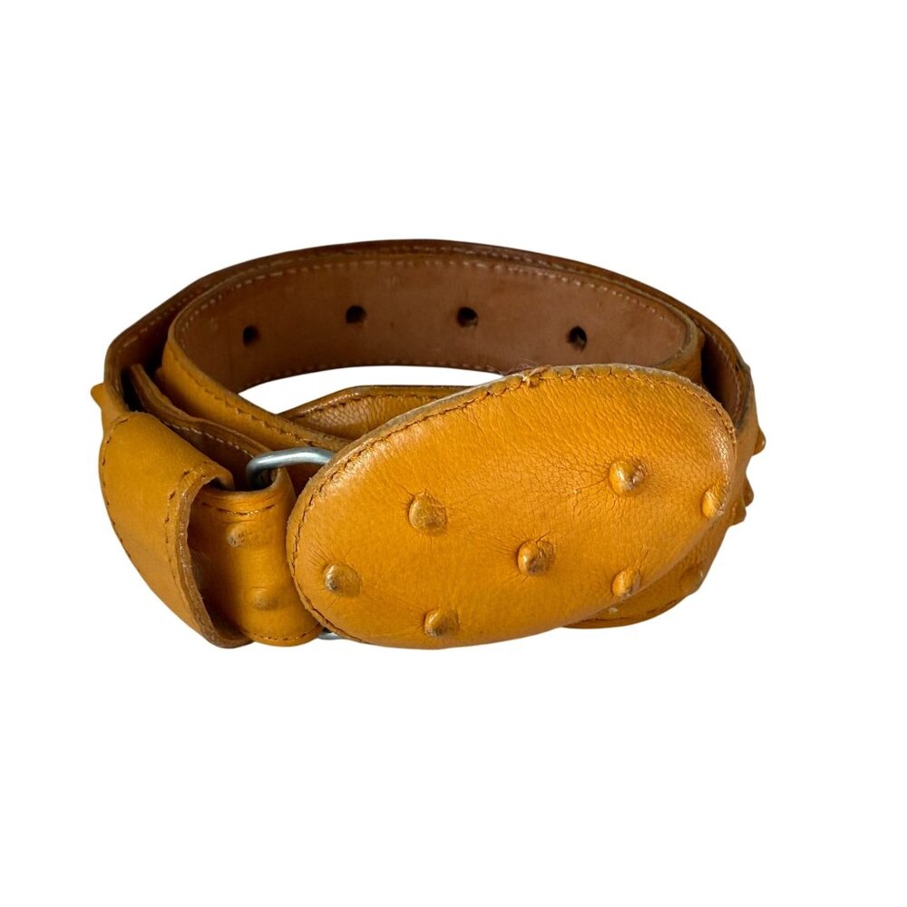 VTG Leather Ostrich Skin Belt Oval Buckle Men 24 Mustard Yellow Western Cowboy